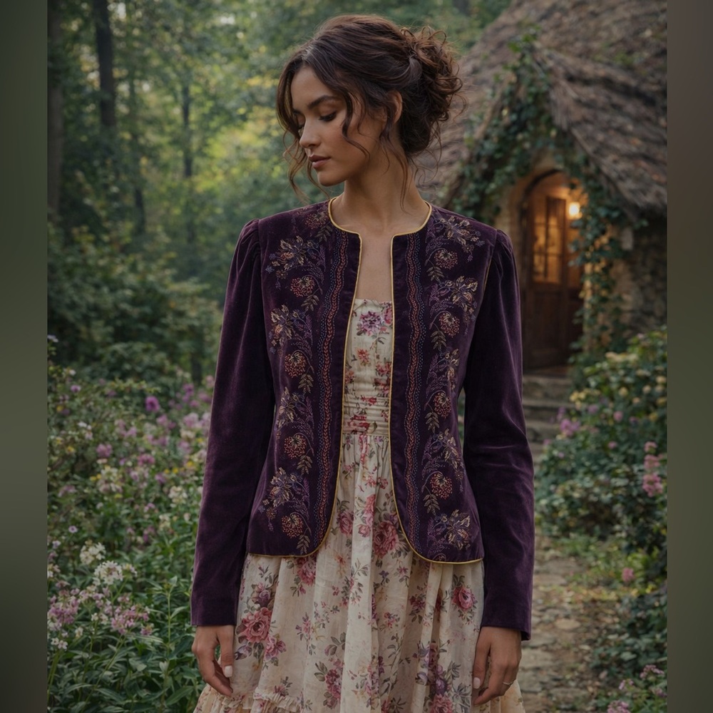 Vintage 80s MJ Concepts Purple Velvet Lined Boho Cropped Jacket Size 11